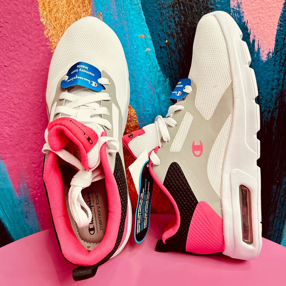 Champion Womens 7 Athletic Sneakers White Grey Pink Memory Foam NWT